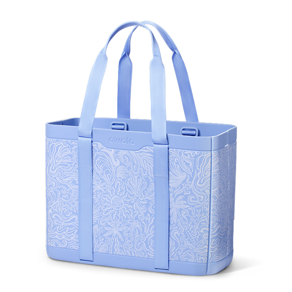 Sun-Day Collapsible Tote in Wavelength, periwinkle blue tote bag with dark navy checkerboard patterned carry loops and blue horizontal strap accent