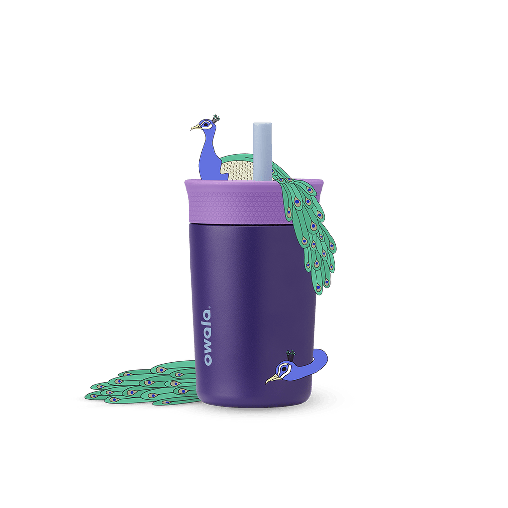 Kids' Tumbler 15oz in Lilac Rocket; translucent lavender plastic body with coral pink lid and purple straw with peach inner straw, lavender Owala logo on front