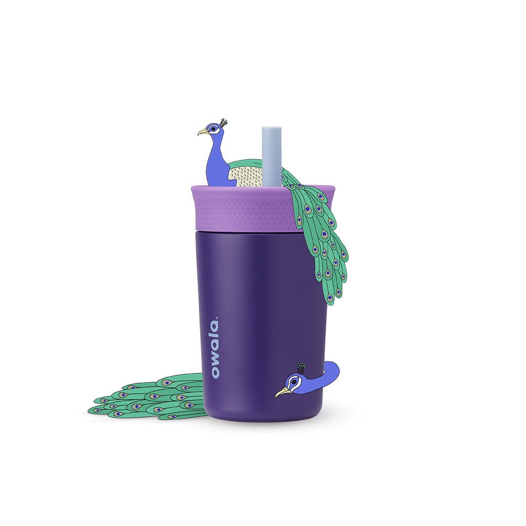 Kids' Tumbler 15oz in Lilac Rocket; translucent lavender plastic body with coral pink lid and purple straw with peach inner straw, lavender Owala logo on front