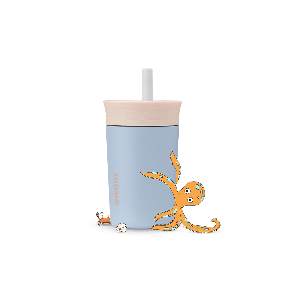 Kids' Tumbler 15oz in Lilac Rocket; translucent lavender plastic body with coral pink lid and purple straw with peach inner straw, lavender Owala logo on front