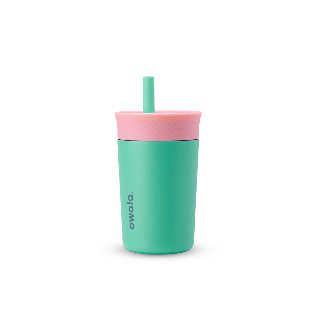 Kids' Tumbler 15oz in Lilac Rocket; translucent lavender plastic body with coral pink lid and purple straw with peach inner straw, lavender Owala logo on front