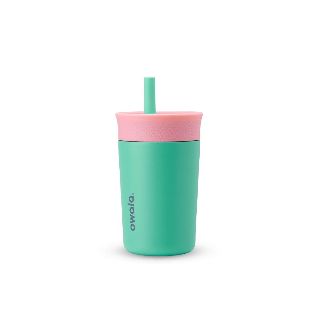 Kids' Tumbler 15oz in Lilac Rocket; translucent lavender plastic body with coral pink lid and purple straw with peach inner straw, lavender Owala logo on front