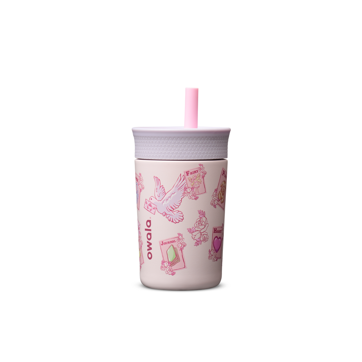 Kids' Tumbler 15oz in Lilac Rocket; translucent lavender plastic body with coral pink lid and purple straw with peach inner straw, lavender Owala logo on front