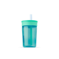 Kids' Tumbler 15oz in Blue Lagoon; translucent teal plastic body with mint green lid and white straw with teal inner straw, blue Owala logo on front