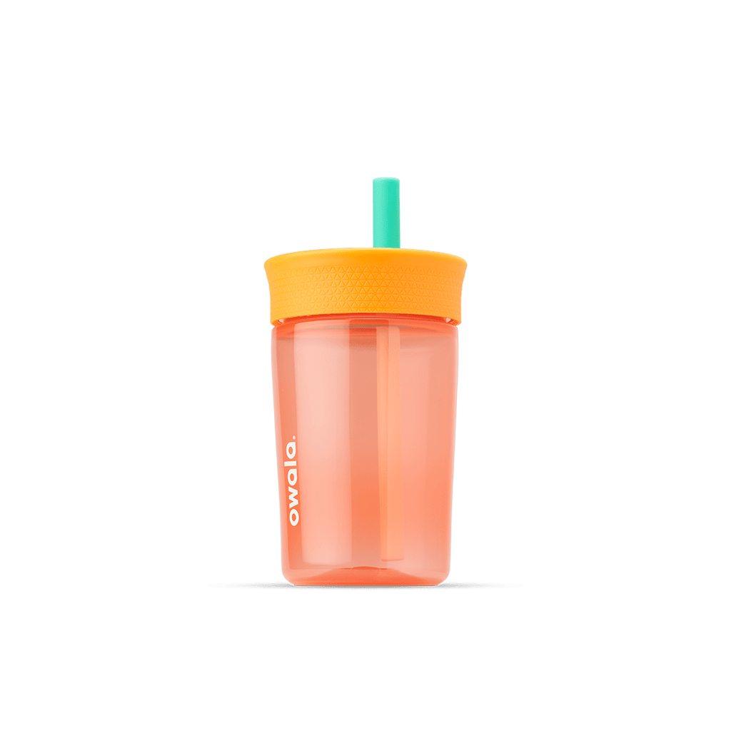 Kids' Tumbler 15oz in Lilac Rocket; translucent lavender plastic body with coral pink lid and purple straw with peach inner straw, lavender Owala logo on front